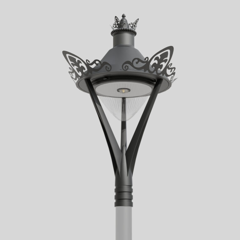 Decorative street lantern model 10 Opal C with decorative crown elements and retro-style arms, equipped with a modern LED light source. View from below against a light grey background.